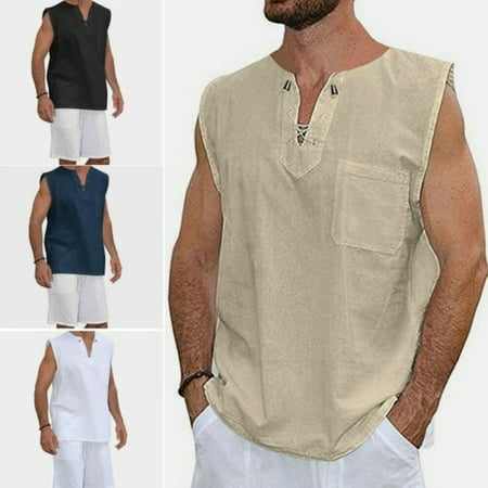 Summer Mens Cotton Linen T Shirt Henley Casual Loose V Neck Sleeveless ...
