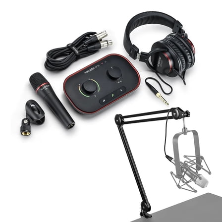 Focusrite Vocaster One Studio Essential Podcasting Kit with Vocaster DM1 Microphone and HP60v Headphones, Bundle with H&A Broadcast Arm