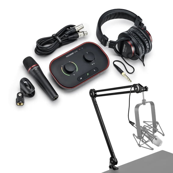 Focusrite Vocaster One Studio Essential Podcasting Kit with Vocaster DM1 Microphone and HP60v Headphones, Bundle with H&A Broadcast Arm