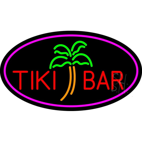 Tiki Bar Palm Tree Oval With Pink Border LED Neon Sign 13 x 24 - inches, Clear Edge Cut Acrylic Backing, with Dimmer - Bright and Premium built indoor LED Neon Sign for Bar decor.