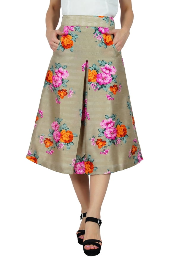 Womens Floral Printed Midi Skirt Box Pleat Skirt With Pockets Trendy Chic Clothing