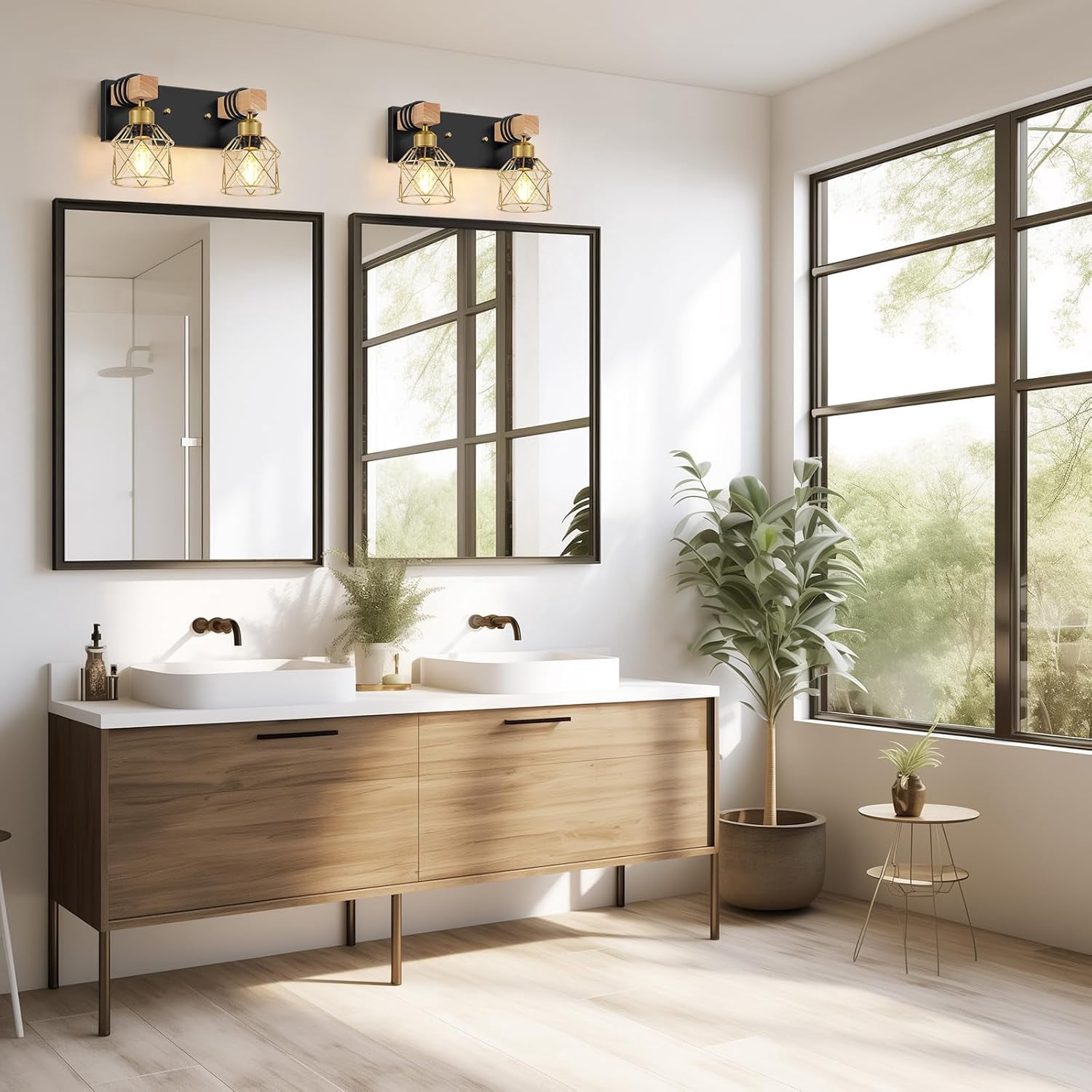 Wood Bathroom Wall Sconces 2-Light Black Gold Bathroom Vanity Light Fixtures with Metal Shade Light Fixtures Wall Mount for Living Room, Hallway, Dressing Table