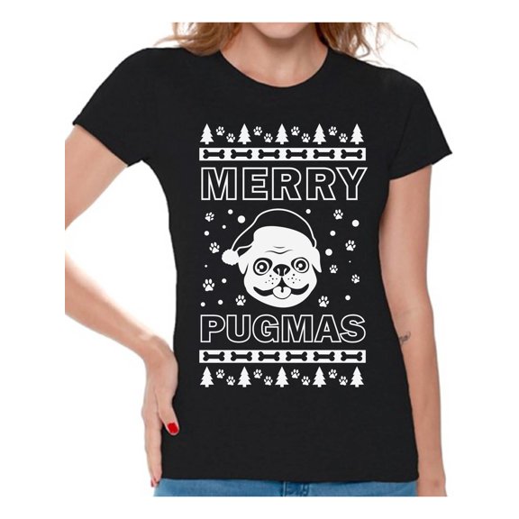 Awkward Styles Merry Pugmas Tshirt Merry Pugmas Christmas Shirts for Women Funny Santa Pug Dog Shirt Women's Holiday Top Merry Christmas T-shirt Pug Dog Lovers Xmas Gifts Christmas Party Outfit