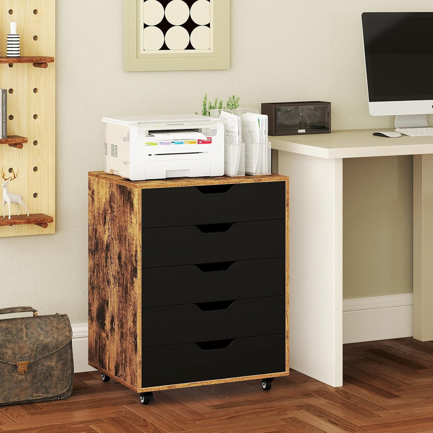 DORTALA 5 Drawer Chest File Cabinet with Wheels, Versatile Mobile Under Desk Office Storage Cabinet, Wood Filing Cabinet for Home Office, Rustic Brown