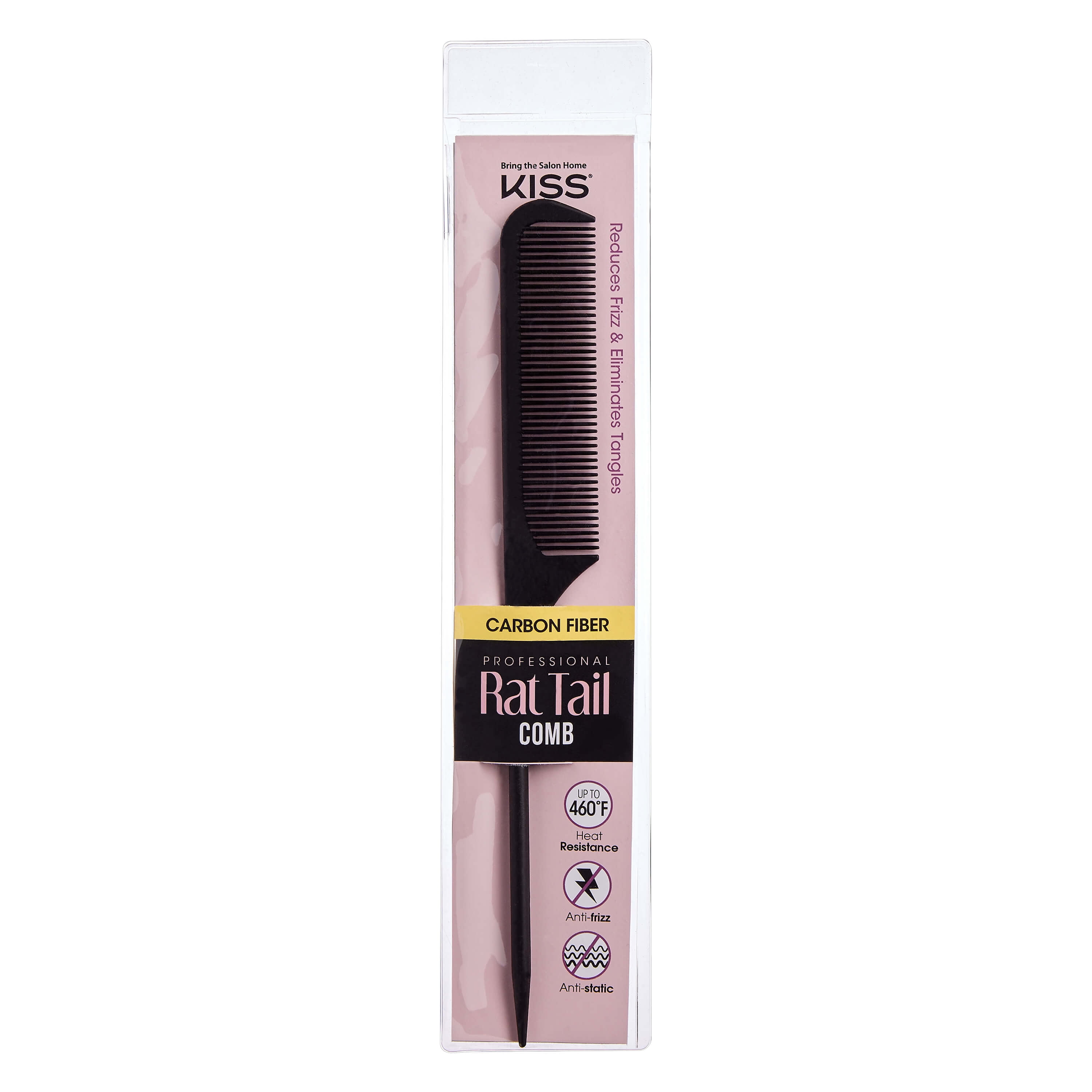 KISS Carbon Fiber Travel Size Professional 9.25' Small Tooth Rat Tail Hair Comb, Black