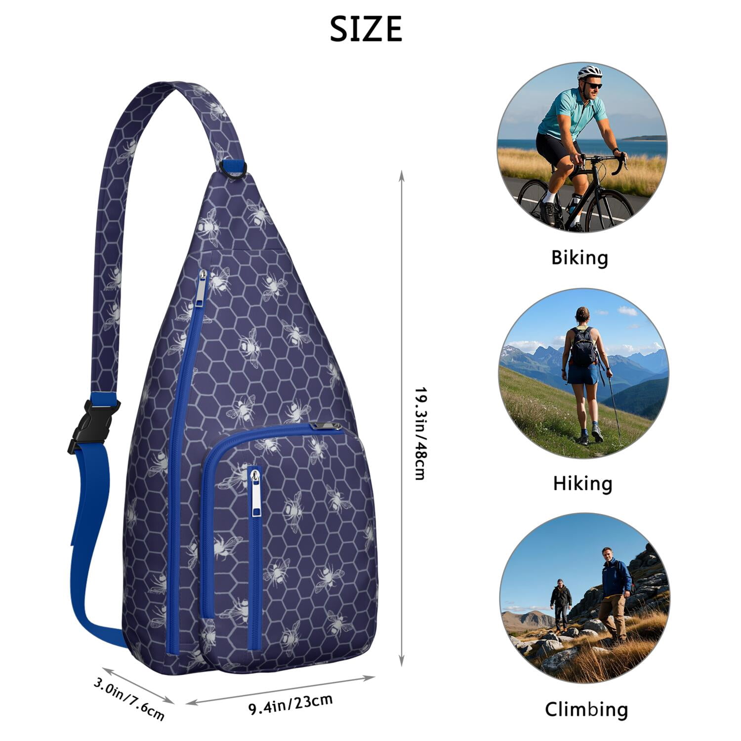 Cute Bee Print Sling Backpack – Colorful Cartoon Honeycomb & Floral Crossbody Bag for Travel & Hiking