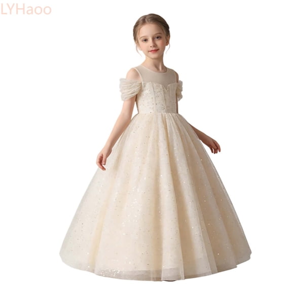 LYHaoo Off Shoulder Dress For Girls Party Gown Elegant Ruffled Formal Evening Gown For Pageant Recital Performance,Girls A-Line Dresses Sizes 4-5 Years Gold