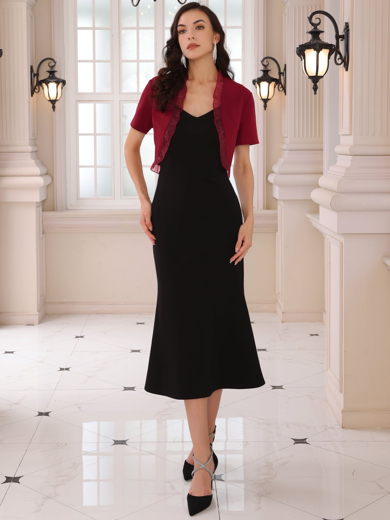 DARING DIVA Open Front Shrug Crop Ruffle Trim Short Sleeve Cocktail Bolero XL Dark Red