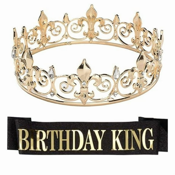 Birthday Royal Crown with Sash for Men Birthday King Rhinestone Crown Shoulder Wrap Set Birthday Party Props Supplies