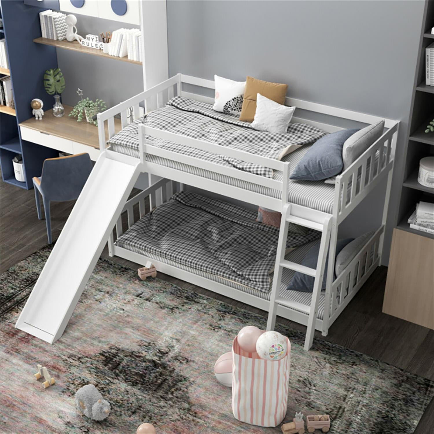Demi Bonn Twin Over Twin Bunk Bed with High Guardrails and Slide Ladder, Twin Bunk Solid Wood Low Beds, Bed Frame, White