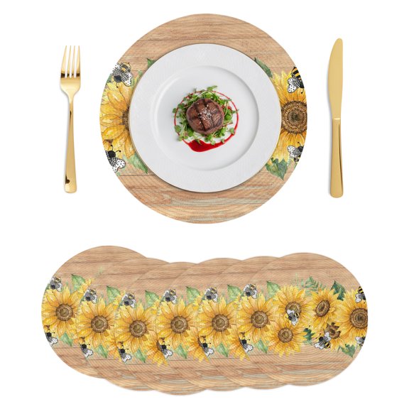 Round Placemats Farmhosue Sunflowers 15 inch Set of 6 Table Mats for Dining Table Watercolor Yellow Floral Bees Wooden Heat Resistant Non-Slip Kitchen & Home Decorative Place Mat Set