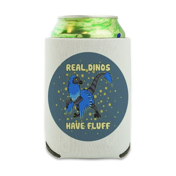 Real Dinos Have Fluff Raptor Dinosaur Can Cooler - Drink Sleeve Hugger Collapsible Insulator - Beverage Insulated Holder