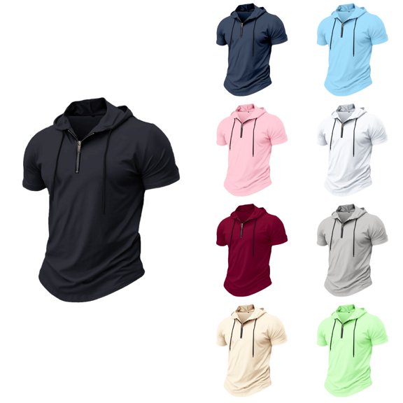 Antinious Men Short Sleeve Hooded Summer Zip Lightweight Fitness Workout Top
