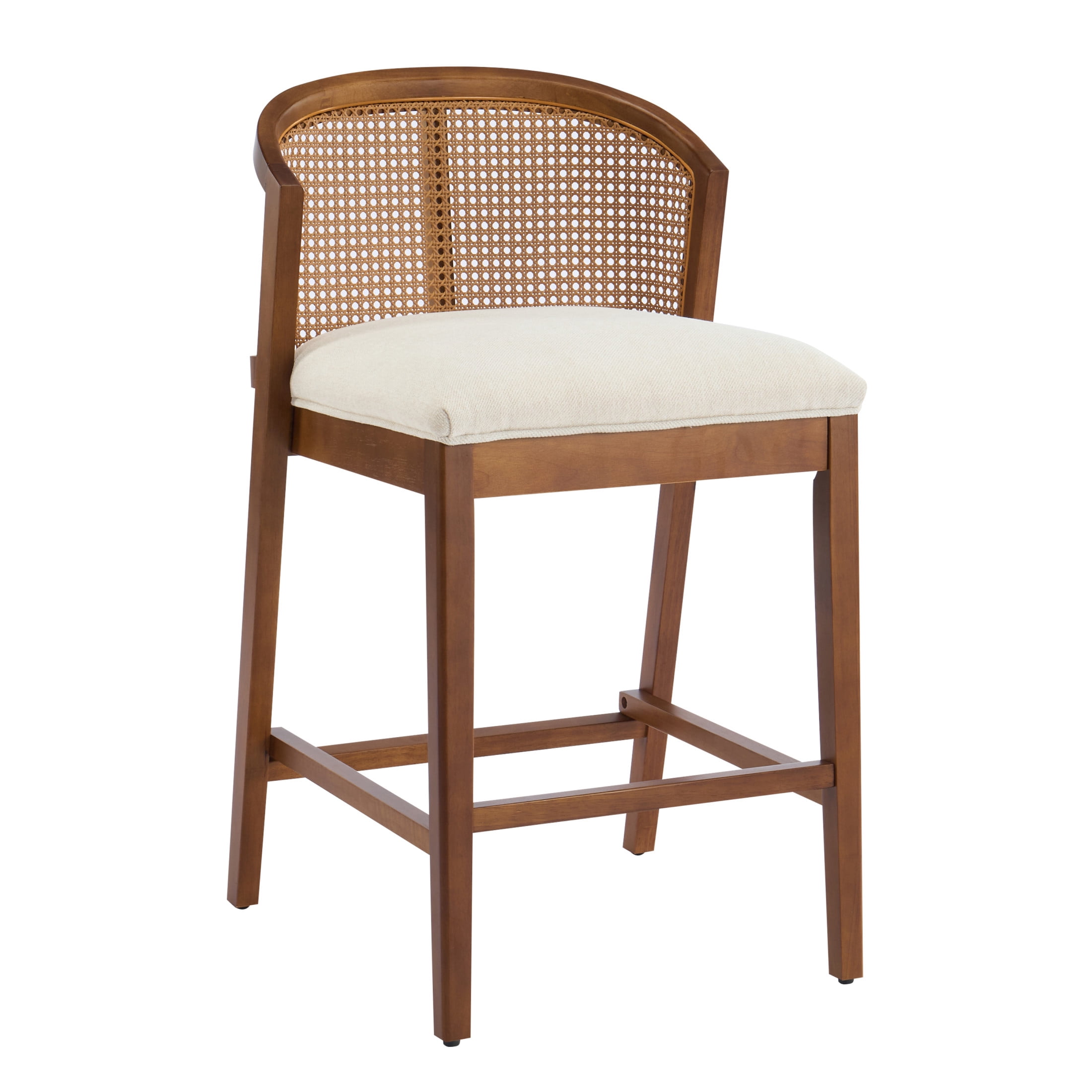 Christopher Knight Home Counter Height Bar Stools, Wood Frame and Rattan Backrest, Walnut+Beige, Set of 2