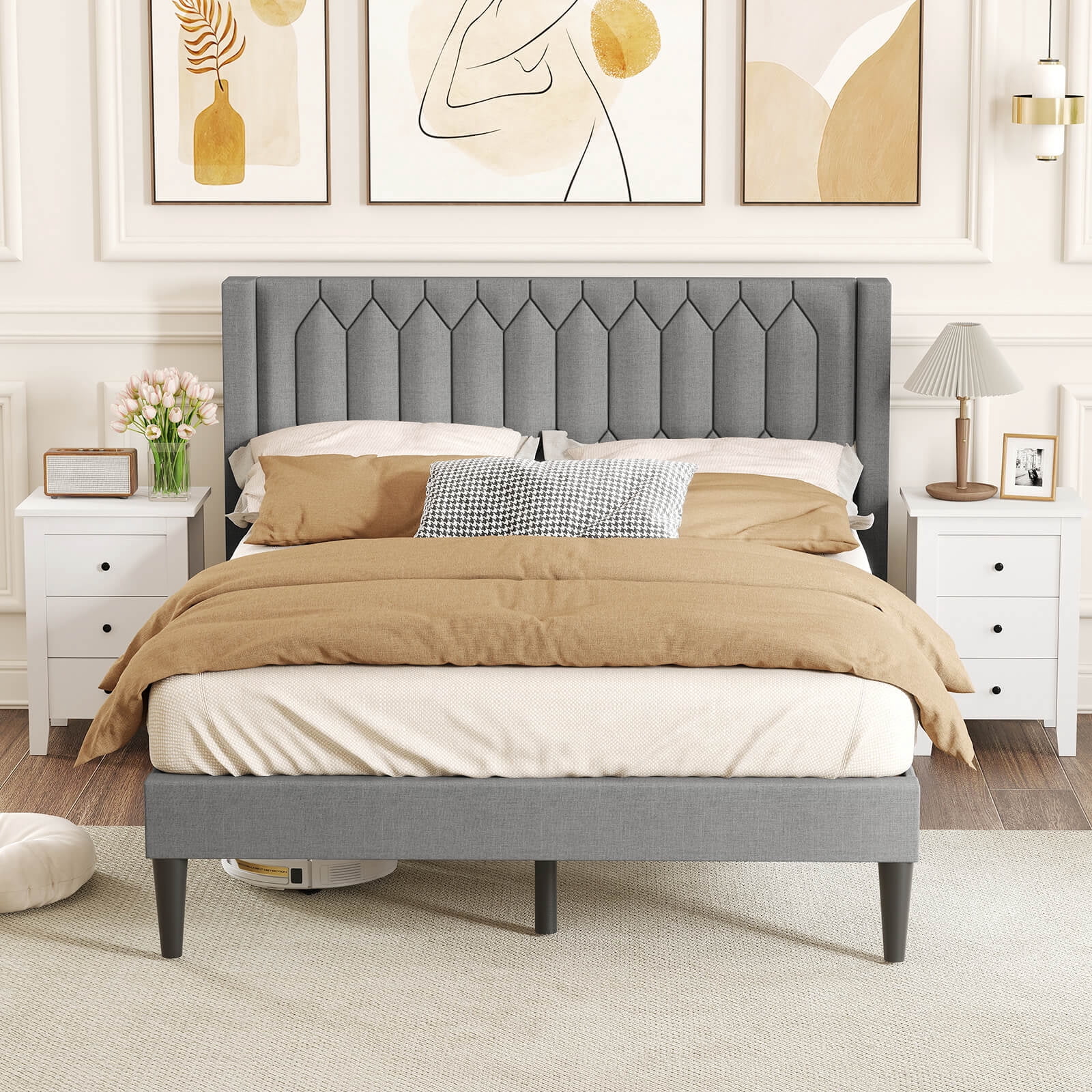 Infans Queen Size Bed Frame Linen Fabric Upholstered Platform Bed w/Wingback Headboard