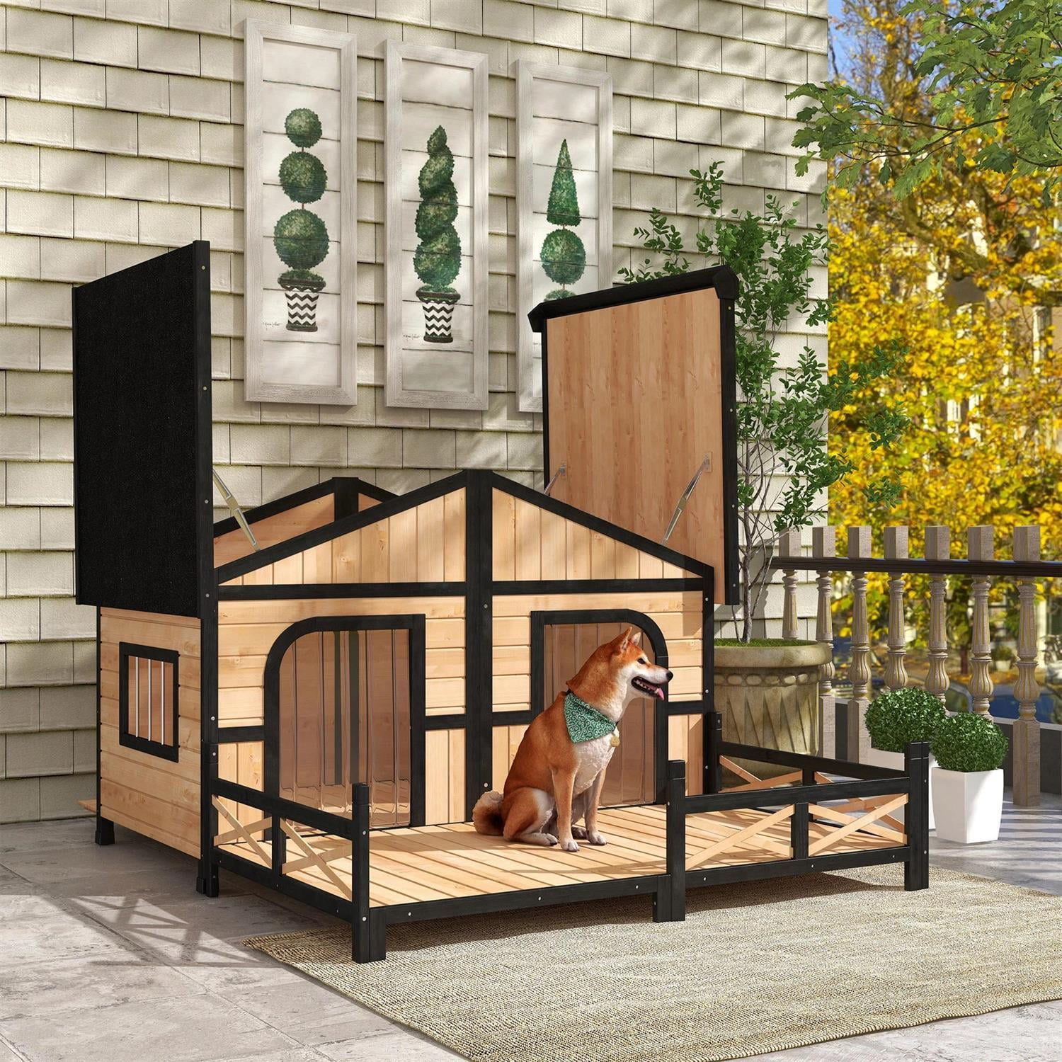 Pefilos 59" Outdoor Dog House with Porch, Double Room, Openable Roof, Removable Bottom, Wooden Dog House with Elevated Floor for Small to Medium Dogs, Beige