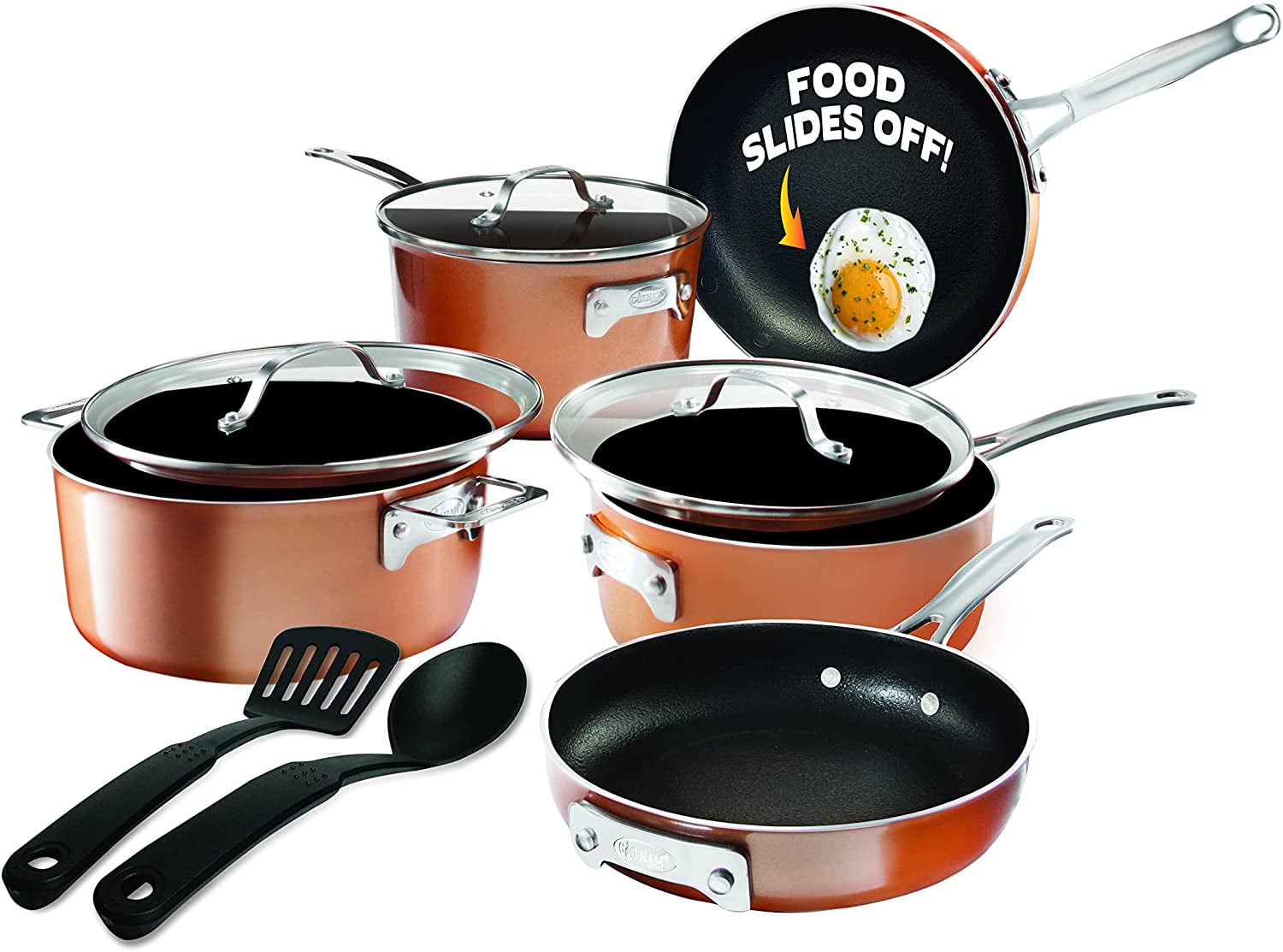 10 Piece Pan Set Gold Cookware Saucepan Non Stick Stainless Steel Cooking Grill 