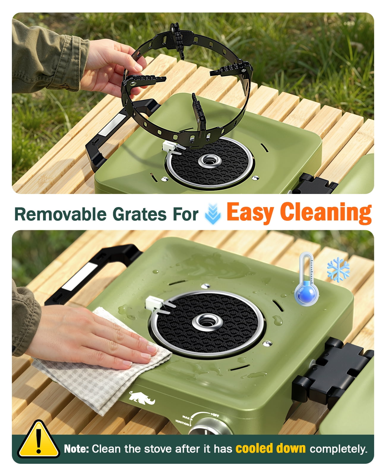 Rhino Valley 2 Propane Burners Camping Stove, 30,000 BTU Folding Camp Stove with Windproof Grates and Frying Pan, Portable Camping Stoves with Carrying Bag, Camping Essentials ,Green