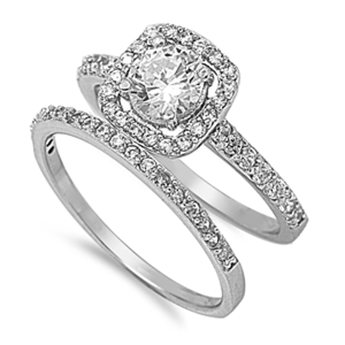 Sterling Silver Womens Colorless Cubic Zirconia Round Solitaire Wedding Set Ring Sizes 5-10