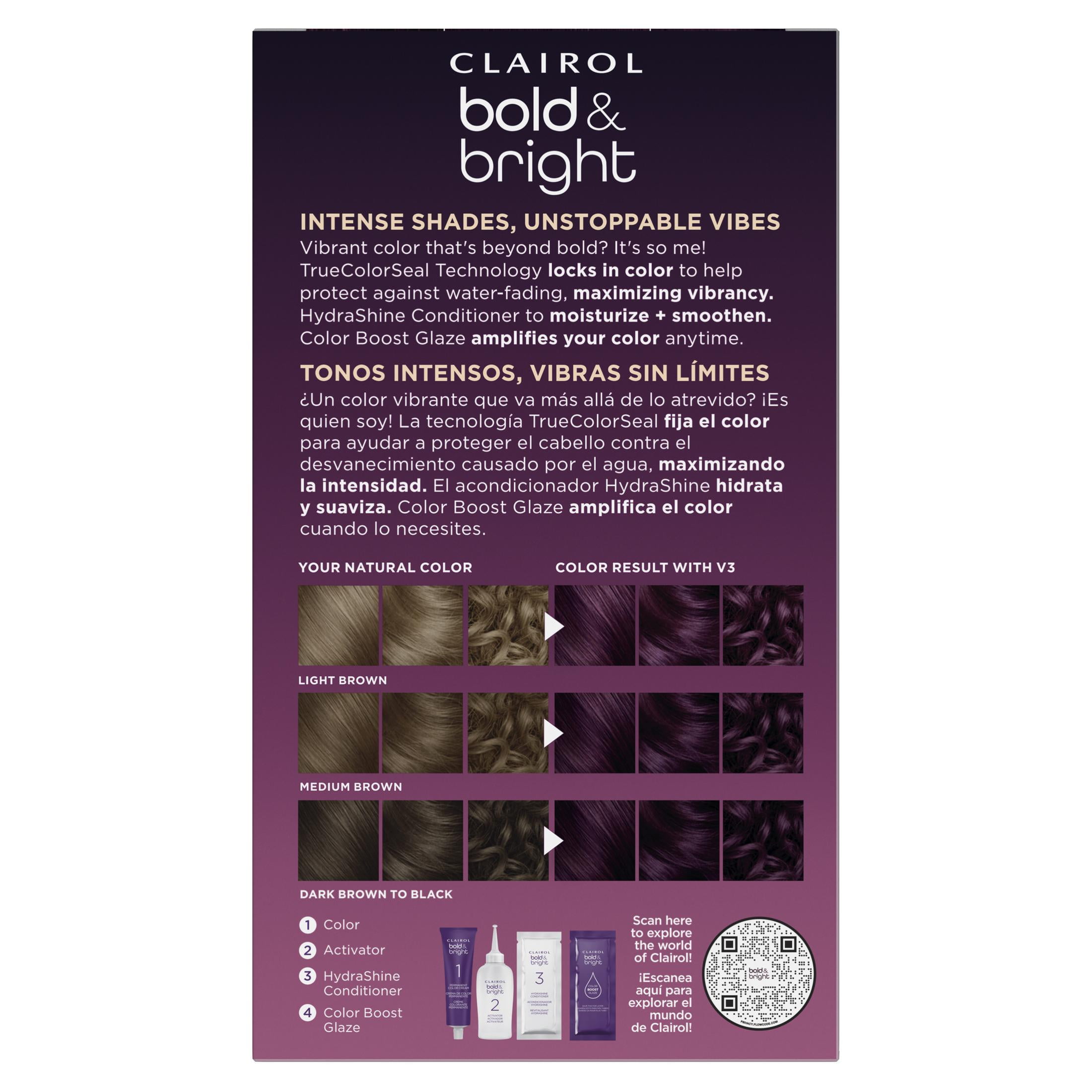 Clairol Bold & Bright Permanent Hair Color Creme, V3 Intense Passion Plum, Hair Dye, 1 Application