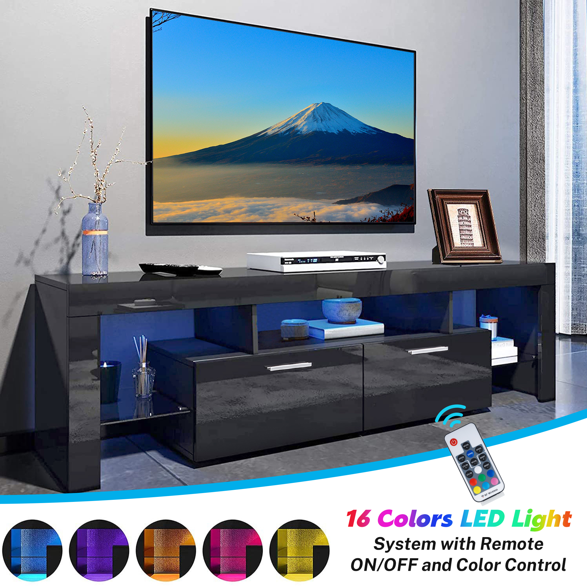 Black TV Stand for 70 inch TV, Modern High Glossy Television Table Stands TV Cabinet Console Table with 16 Colors LED Lights, TV Buffet Cabinet with Storage, Living Room Entertainment Center - image 4 of 13