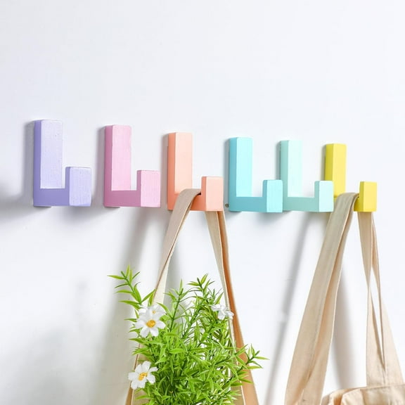 6 Pack Cute Kids Coat Wall Hooks Wooden Adhesive Decorative Colorful Wall Mounted Hangers Backpack Hooks for Hanging Keys Towel Clothes Bathroom Organization(Pastel)