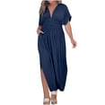 thumbnail image 2 of Puntoco Color Sólido Con Cuello En V Para Mujer, Mangas De Murciélago Plisadas, Mangas Tres Cuartos, Cintura Elástica, Falda Larga Con Abertura Adelgazante, Vestido Azul Marino L, 2 of 9