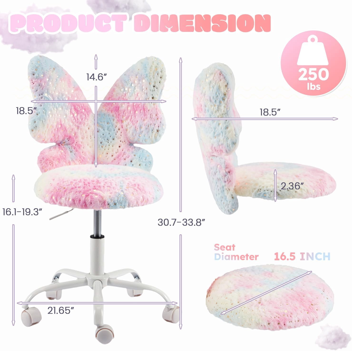 Kids Desk Chair with Butterfly Back,Cute Fluffy Desk Chair with Wheels for Girls,Faux Fur Swivel Vanity Chairs W/Adjustable Seat Height for Children Bedroom & Reading Room, Study/Vanity,Colorful Pink