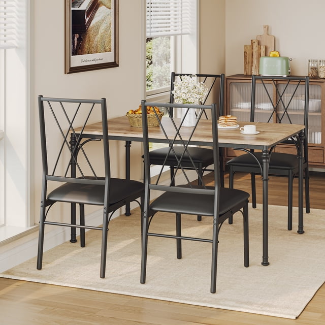 Dining Table Set, 5-Piece Metal and Wood Indoor Modern Rectangular Dining Table Furniture Set for Kitchen, Dining Room, Dinette, Breakfast Nook w/ 4 Chairs