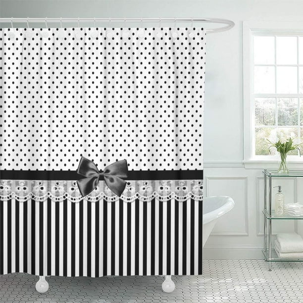 Atabie Striped Black And White Victorian Stripes Ribbon Polka Dot Shower Curtain 66x72 Inch Com Atabie Striped Black And White, Black And White Polka Dot Shower Curtain