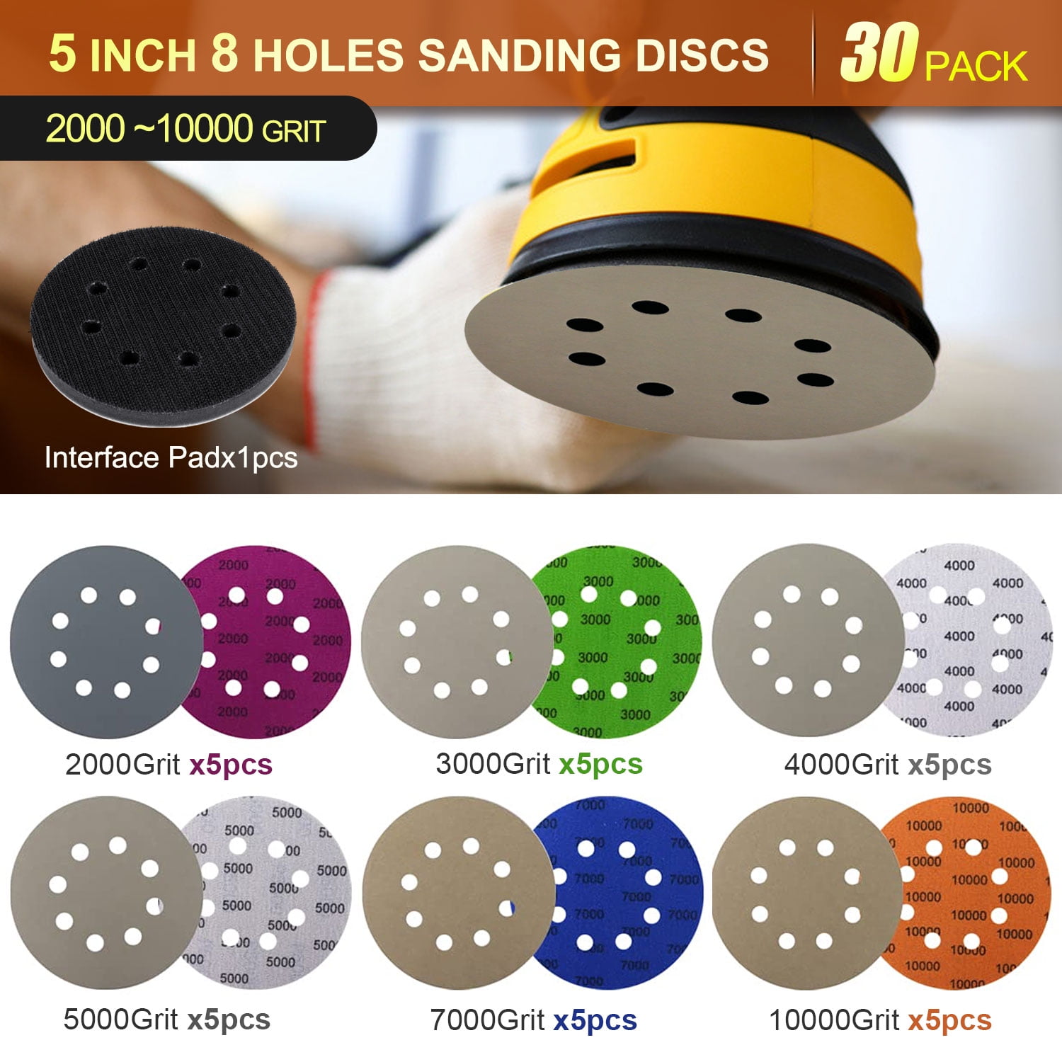 5 inch Sanding Discs Hook and Loop 8 Hole Heavy Duty Silicon Carbide Sandpaper with Interface Pad for Wet/Dry Sanding Grinder Polishing, 2000 3000 4000 5000 7000 10000 Grit Total 30 Pack, POLIWELL