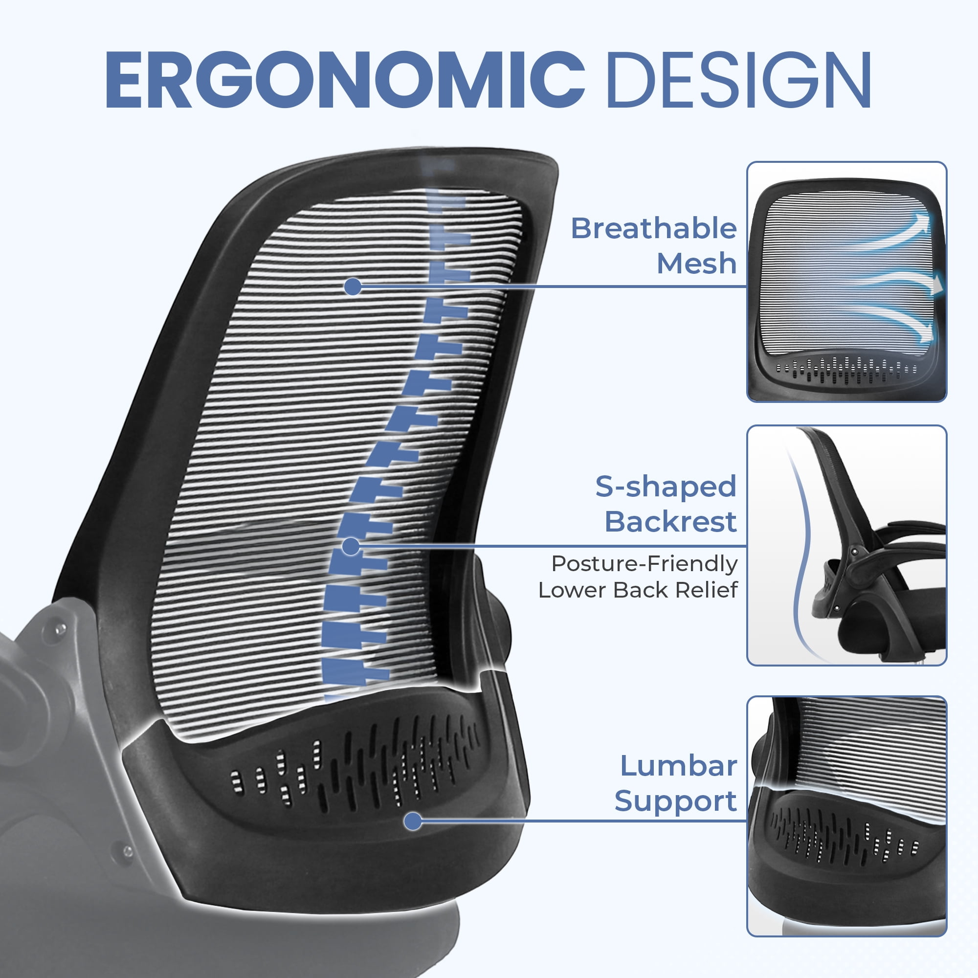 CELTOSS Ergonomic Office Chair, Flip-Up Arms, Adjustable Lumbar Support, Black