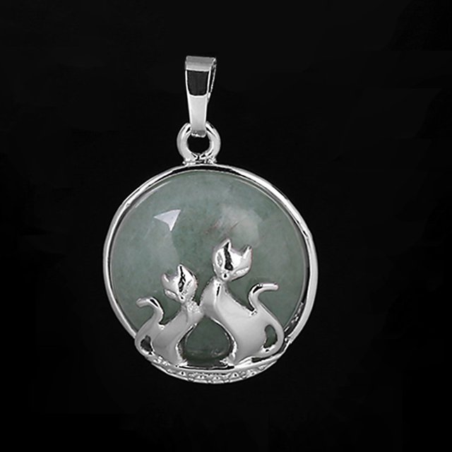 Pendentif Chat pour Collier Pierre Naturelle Perles Rondes Plates Pendentif Cœur d'Amour Femmes