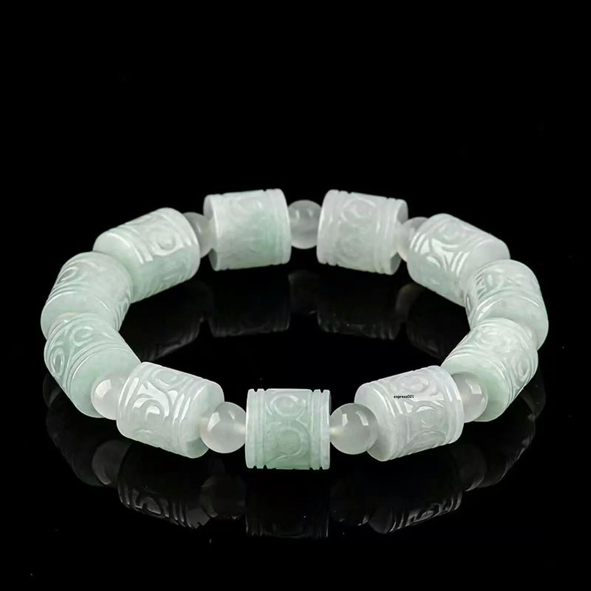 HOOUN Natural Grade A Jade Jadeite Men Women Lucky Carved Column Round Bead Bracelet