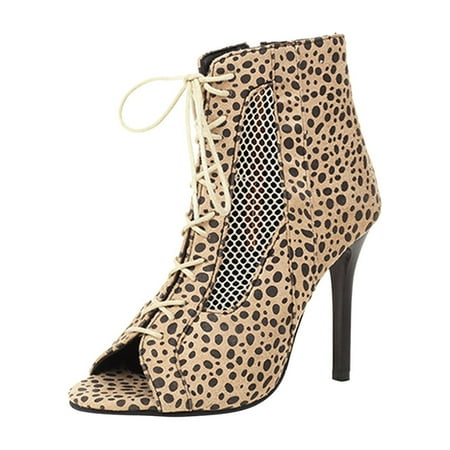 Penkiiy Women s Summer Lace-up Casual Peep Toe Leopard Hollow Out Sandals High Heels Shoes Fashion Ankle Boots