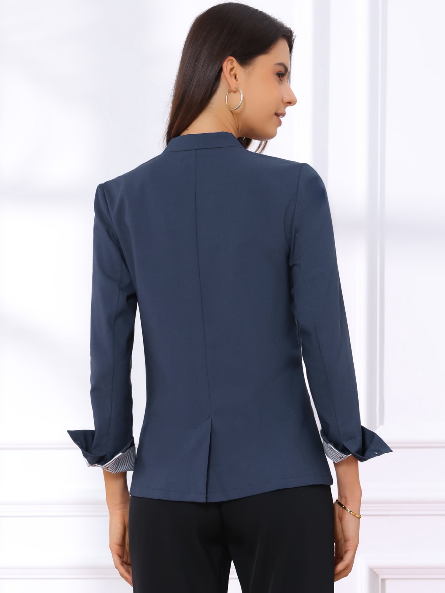 DARING DIVA Women's Linen Lightweight Long Sleeve Single Breasted Blazer M Navy Blue