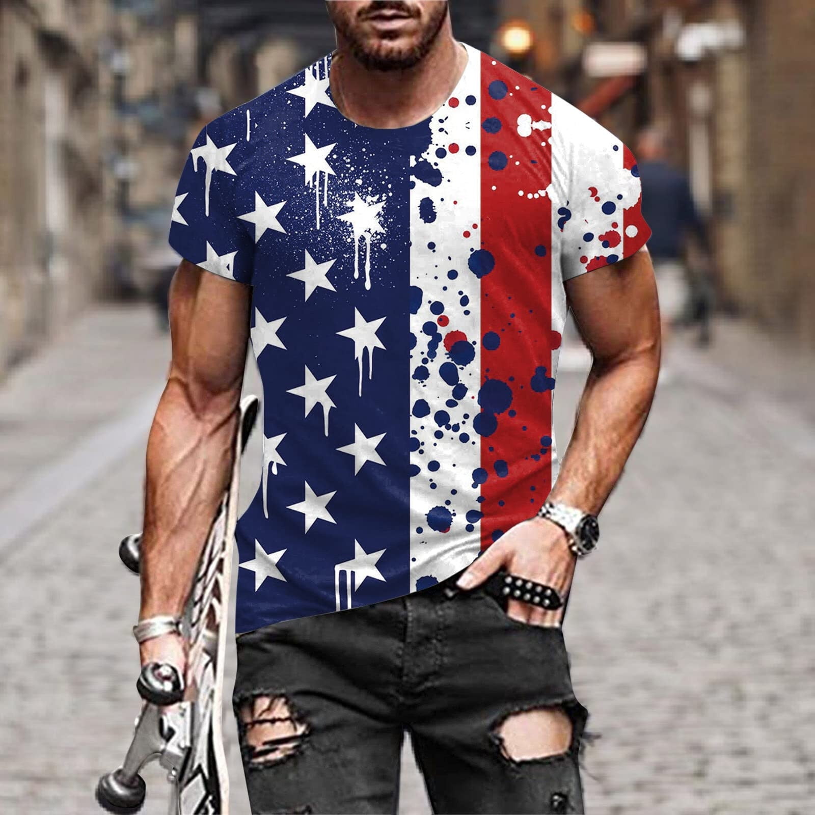 Patriotic Shirts for Men American Flag T-Shirt Funny Skull Graphic Summer Casual Short Sleeve Tops 4th of July Gift