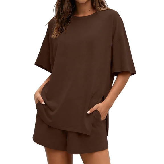 TEMOFON Womens 2 Piece Sets Summer Lounge Sets for Womens Oversized TShirts Drawstring Shorts Comfy Sets with Pockets L