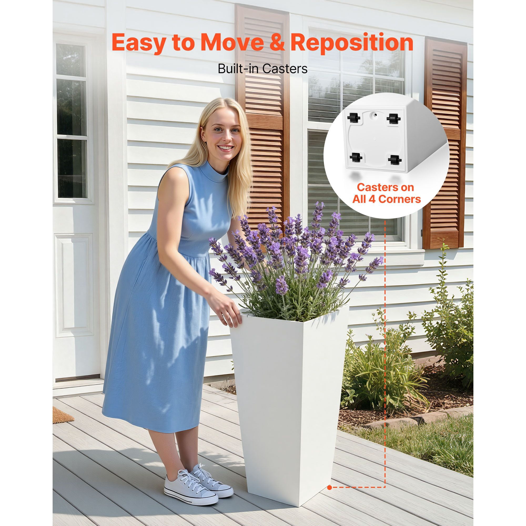 26 Inch Tall Planters Set of 2, Large Outdoor Taper Flower Pots with Casters Drainage, Front Porch Patio Garden Planter Indoor White