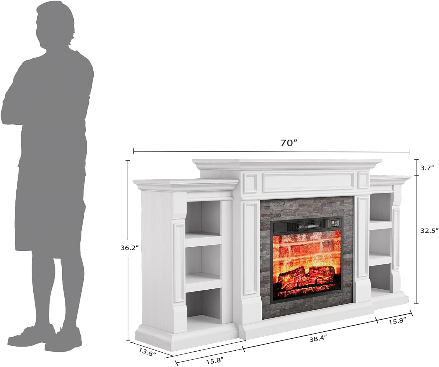 70" White Fireplace Mantel with 23" Electric Fireplace and Bookshelves, Wooden Storage Freestanding Heater with Remote Control
