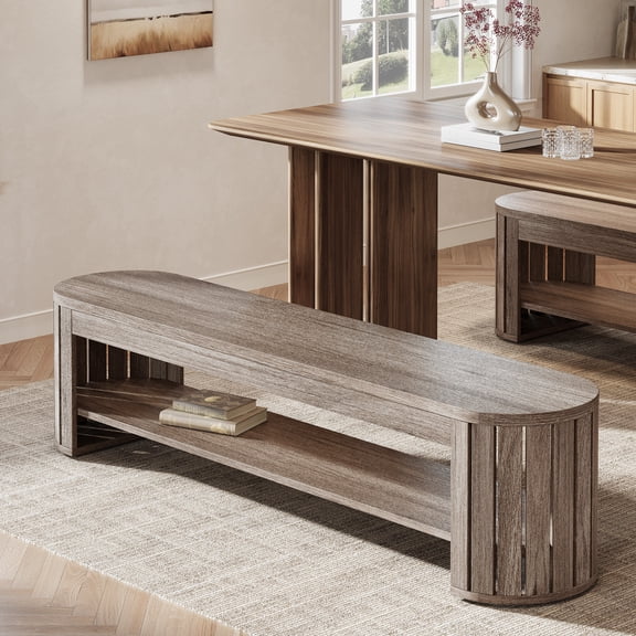 Tribesigns 63" Wooden Dining Bench, Farmhouse Entryway Bench with Arc Vertical Slat Splicing Legs for Dining Room, Living Room