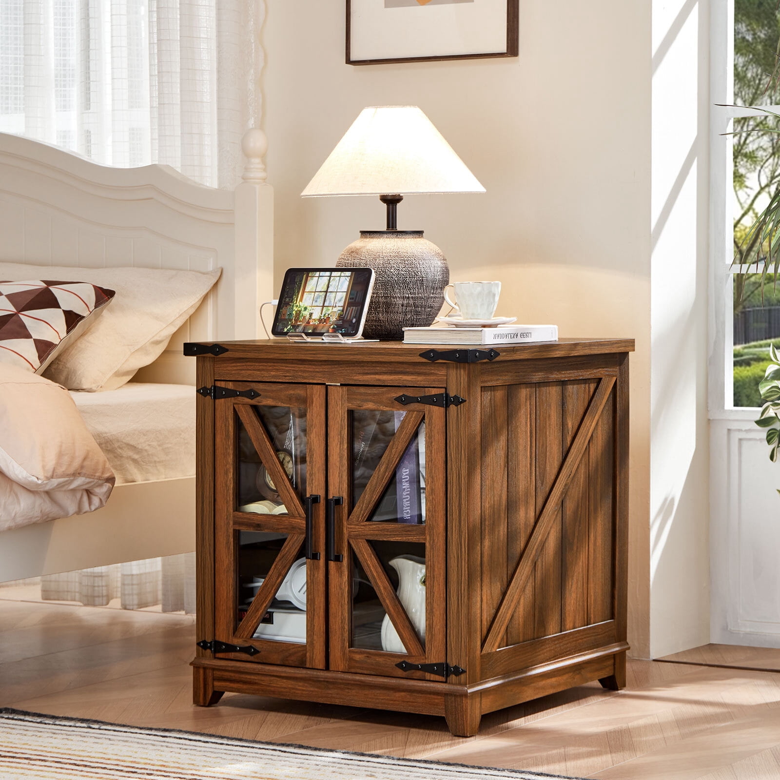 Joaxswe 24" Farmhouse End Tables for Living Room with Charging Station, Nightstand for Bedroom with Drawer, Square Bedside Table for Living, Brown