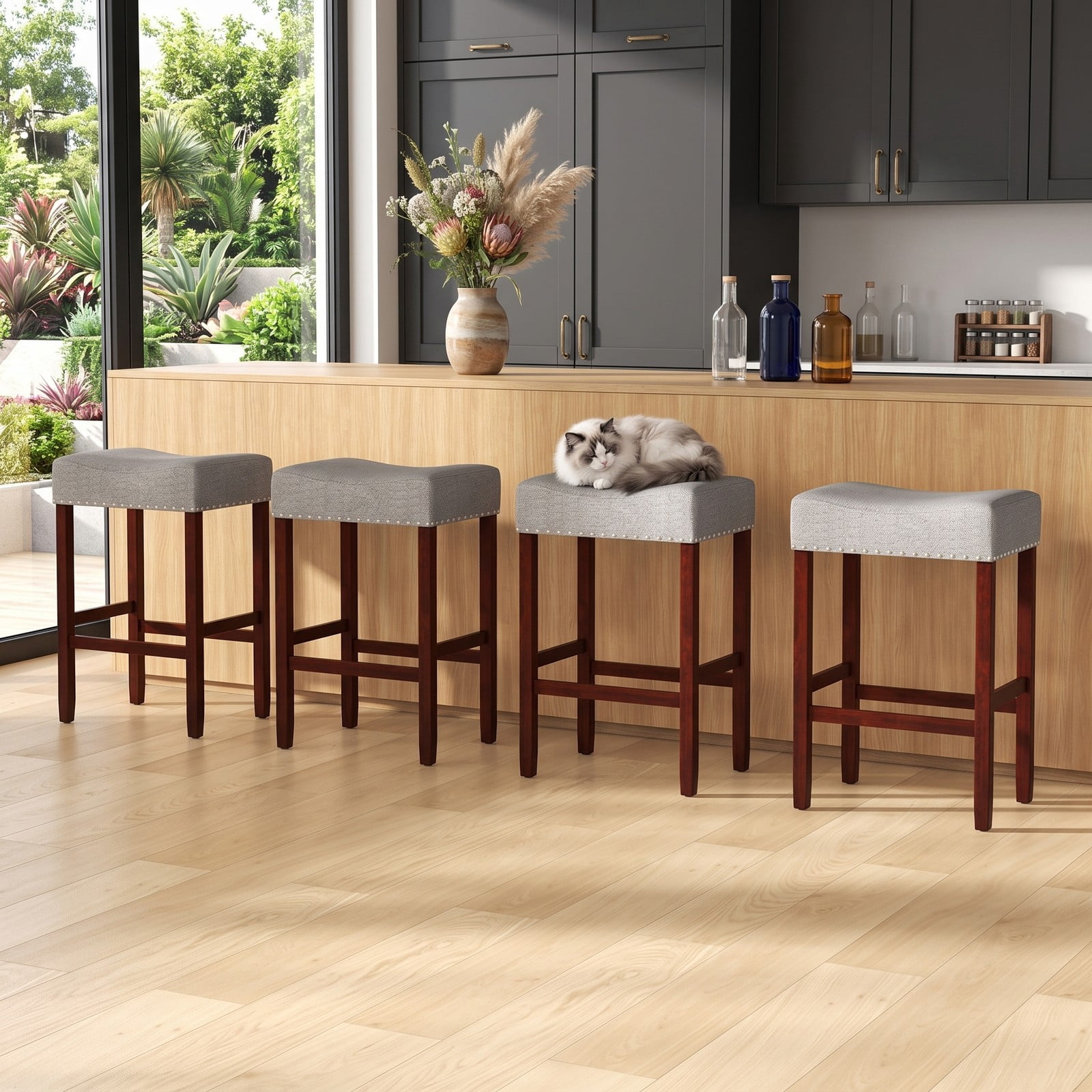 Furnibear Set of 2 25 Inch Backless Bar Stools with Curved Cushioned Seat, Linen Upholstered Counter Height Kitchen Bar Chairs with Rubber Wood Legs and Footrest, Gray