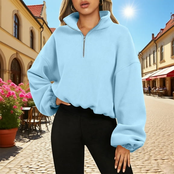 SwiftWear Women's Plush Fleece Half-Zip Mock Neck Sweatshirts Pullover Soft Textured Fashion Cropped Sweat Shirt with Athletic Fit, Cozy Casual Wear for Light Exercise Light Blue