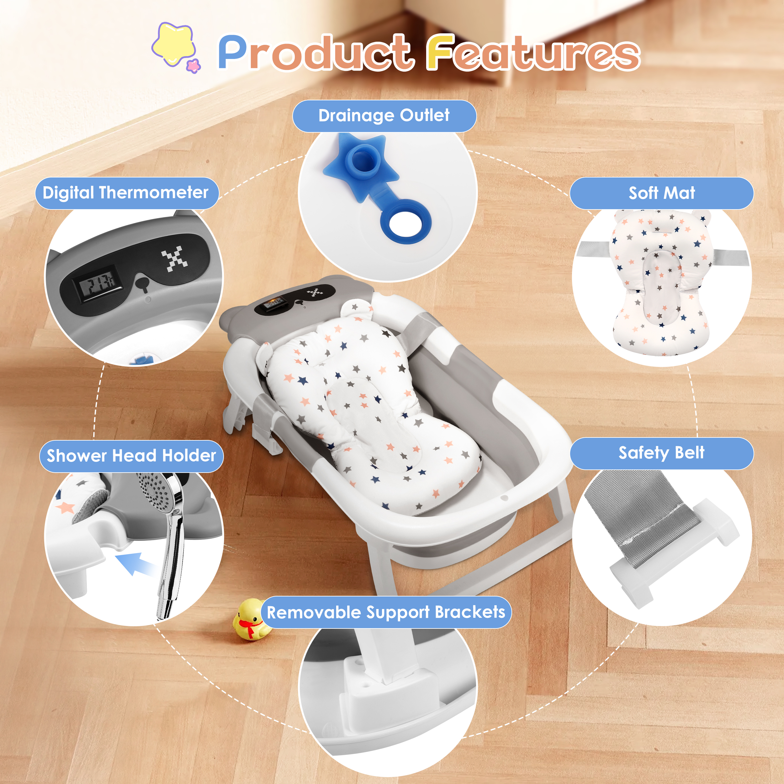 Doulami Collapsible Baby Bathtub, 0-36 Months with Cushion & Thermometer photo 4