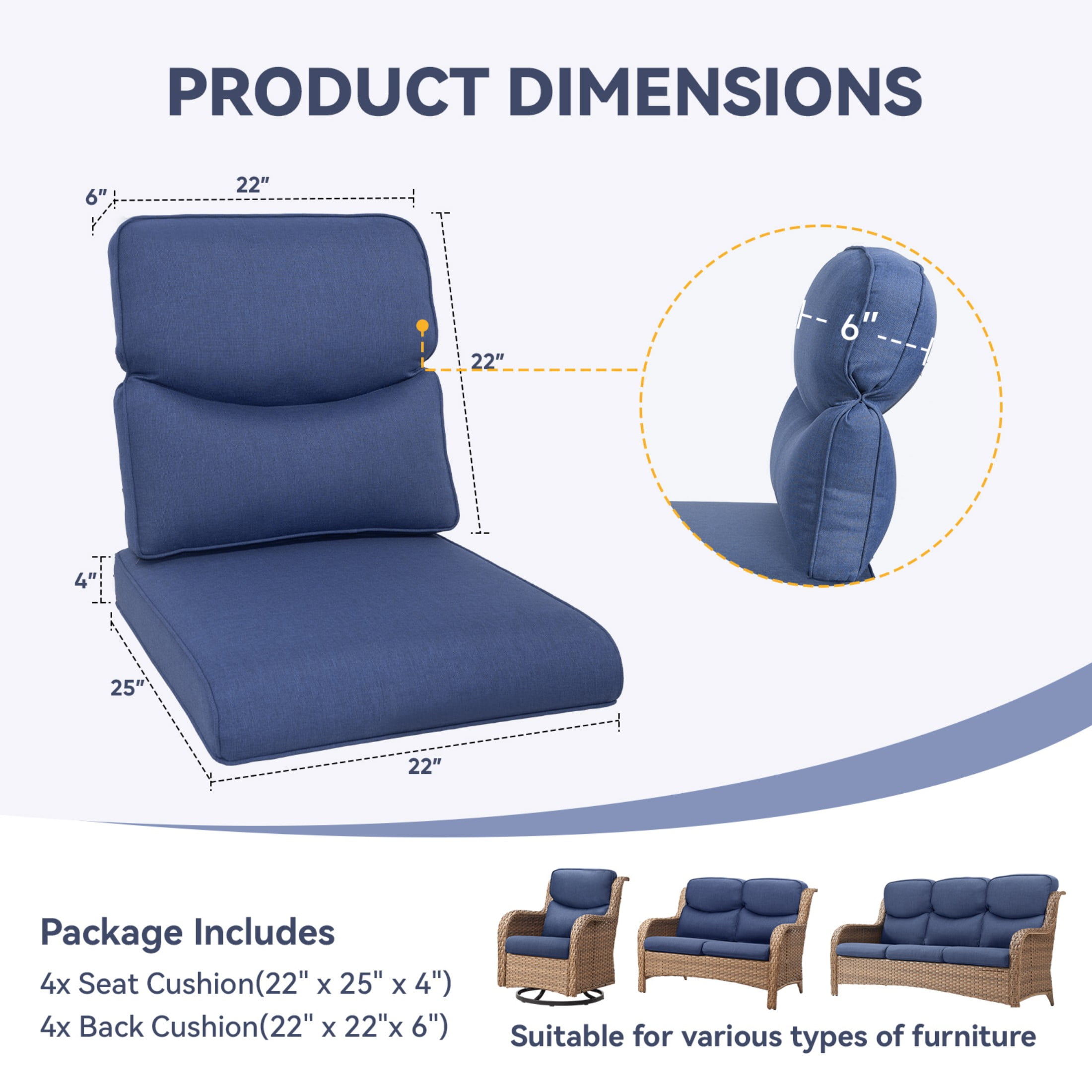 Unnifurnzi Outdoor Chair Cushions Set of 4-22 x 25 x 4 Inch Fade Resistant Patio Chair Cushions Outdoor Seat Cushions for Patio Furniture Chair Sofa Couch-Blue