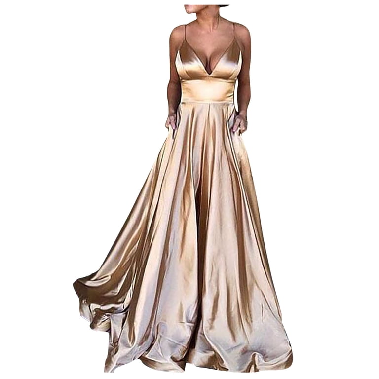 IDALL Wedding Guest Dresses,Prom Dresses Women's Fashion Solid Color Sexy  V-Neck Suspender Sleeveless Evening Dress Maxi Dresses,Formal Dresses,Graduation  Dress Gold Dress L - Walmart.com