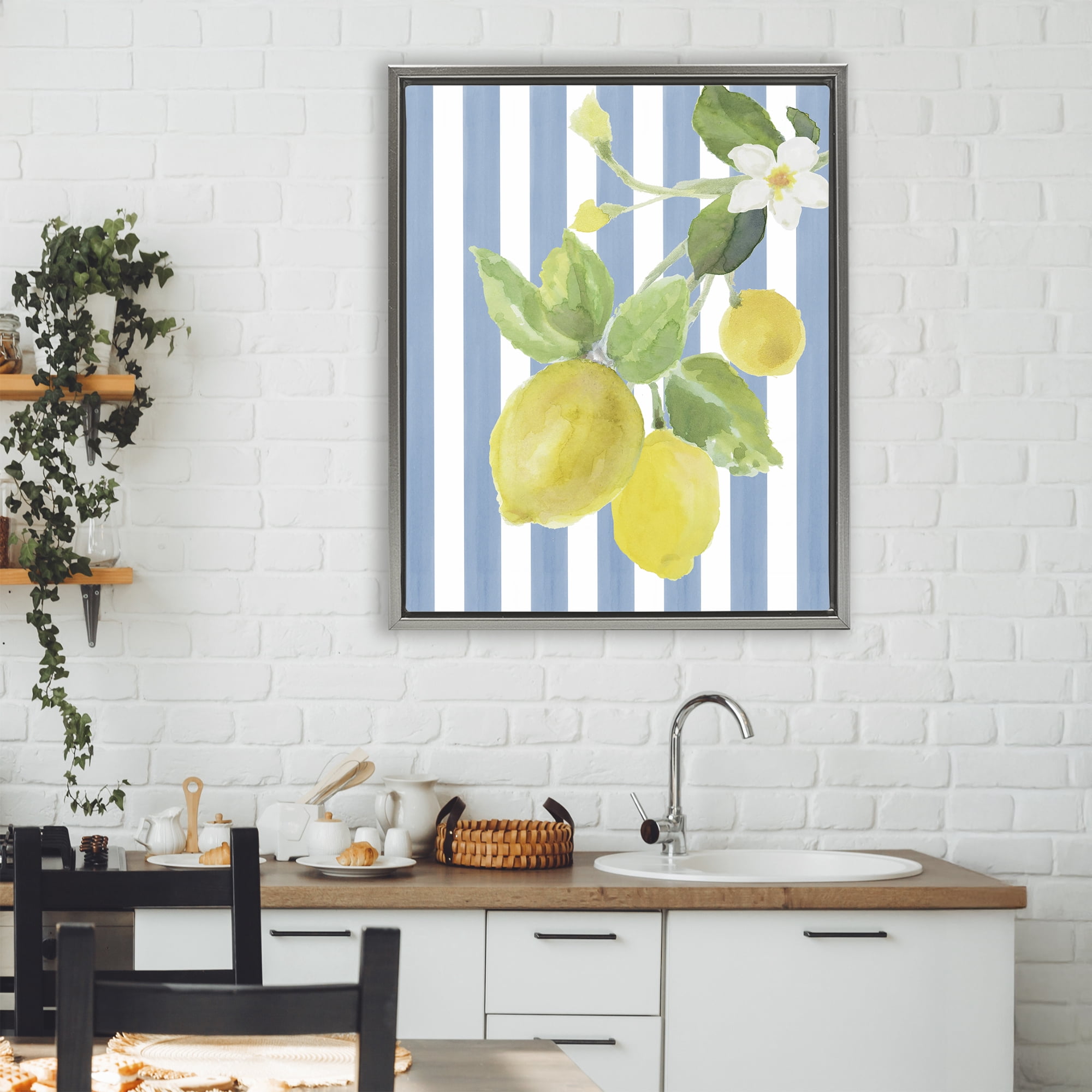 Stupell Industries Lemon Blossom on Blue Stripes Gray Framed Floater Canvas Wall Art, design by Lanie Loreth