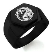 Stainless Steel Tribal Dragon Yin Yang Engraved Hexagon Crest Flat Top Biker Style Polished Ring