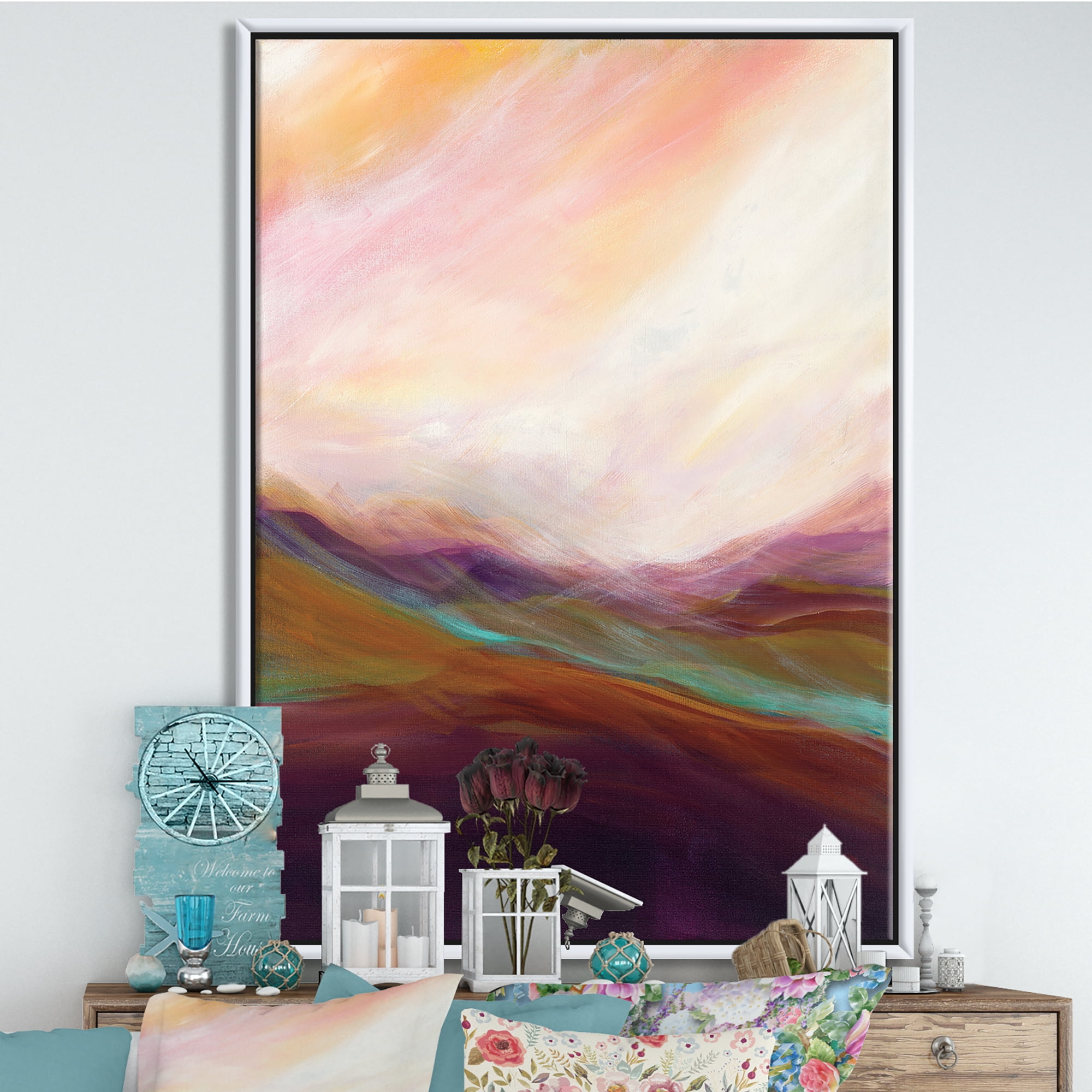 Designart ' Abstract Desert Dunes Watercolor Orange Yellow ' Cottage Framed Canvas